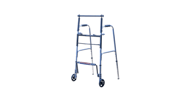 Pre-assembled walker is height-adjustable and foldable for easy storage and portability